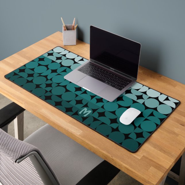 Retro Dark Teal Blue Green Black Pop Art Pattern Desk Mat (Office 2)