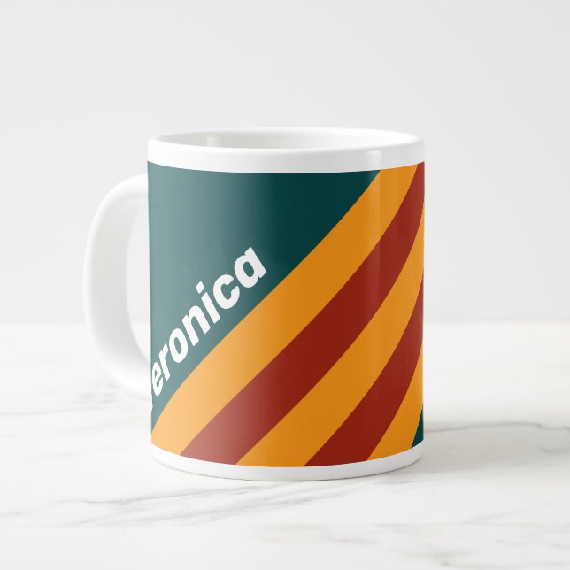 Retro Dark Teal Splash Stripes with Name Large Coffee Mug (Front Left)
