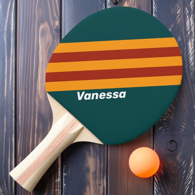 Retro Dark Teal Splash Stripes with Name Ping Pong Paddle (Creator Uploaded)