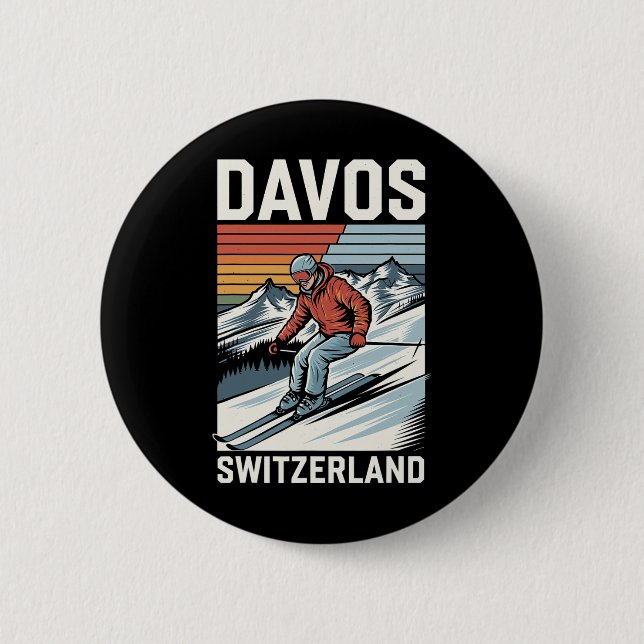 Retro Davos Switzerland Ski Resort  2 Inch Round Button (Front)
