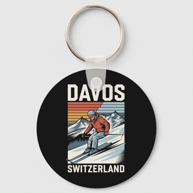 Retro Davos Switzerland Ski Resort  Keychain (Front)