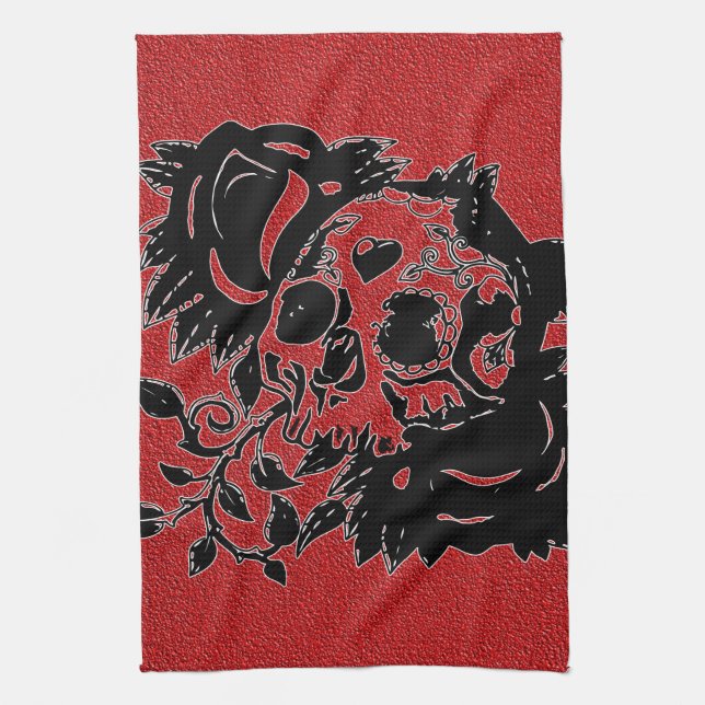 Retro Day of the Dead Grunge Sugar Skull Kitchen Towel (Vertical)