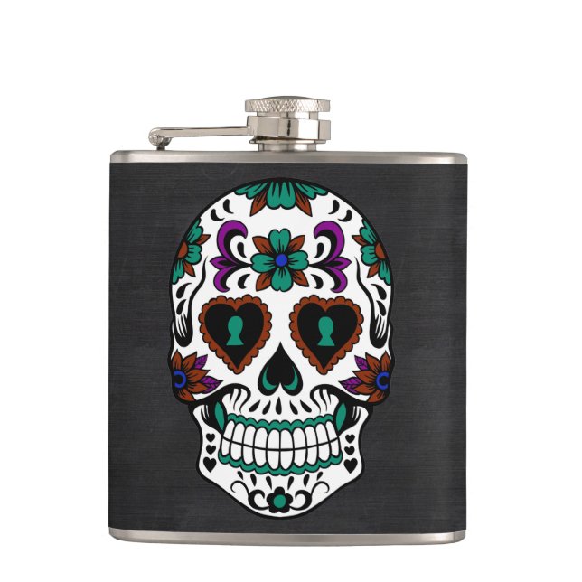 Retro Day of the Dead Sugar Skull Hip Flask (Front)