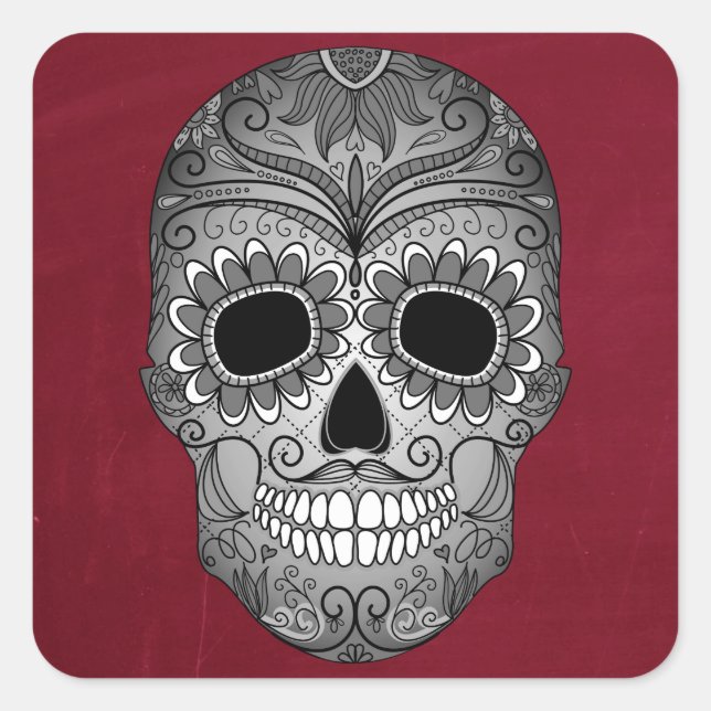 Retro Day of the Dead Sugar Skull on Leather Square Sticker (Front)