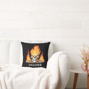 Retro Dead Burning skeleton Skull in Fire DIY Name Throw Pillow