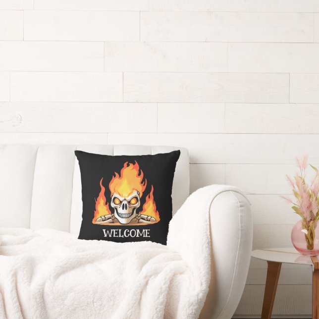 Retro Dead Burning skeleton Skull in Fire DIY Name Throw Pillow (Couch)