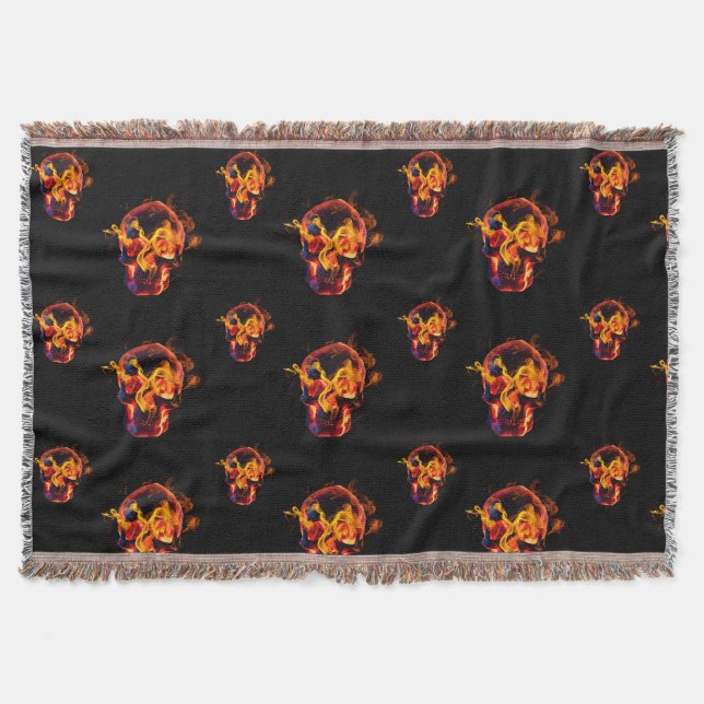  Retro Dead Burning skeleton Skull in Fire  Throw Blanket (Front)