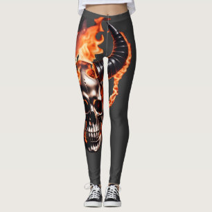  Retro Dead Burning Skull with horn in Fire  Leggings