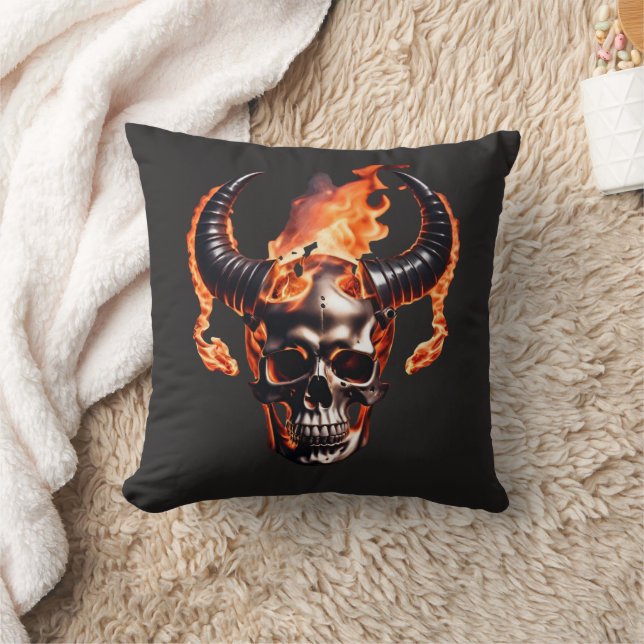  Retro Dead Burning Skull with horn in Fire  Throw Pillow (Blanket)