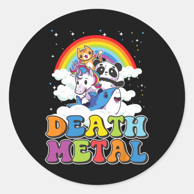 Retro Death Metal Cat Rainbow Unicorn Funny Heavy  Classic Round Sticker (Front)