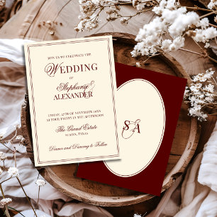 Retro Deep Burgundy Ivory Oval Old Money Wedding  Invitation