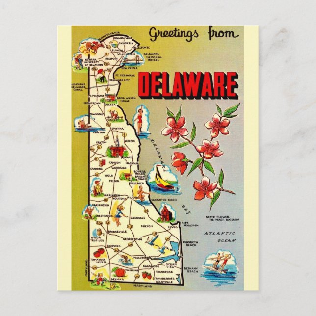 Retro Delaware Map Postcard (Front)