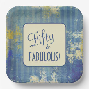 Retro Denim Blue Fifty & FABULOUS! 50th Birthday Paper Plate