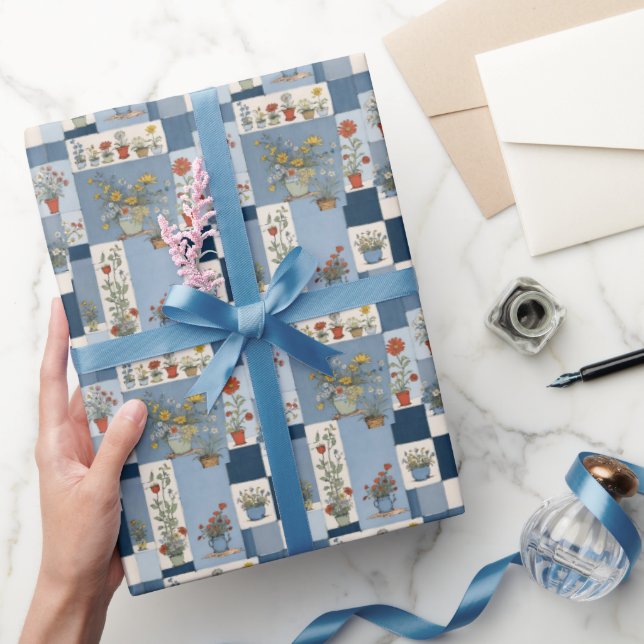 Retro Denim Patchwork with Plants Wrapping Paper (Gifting)