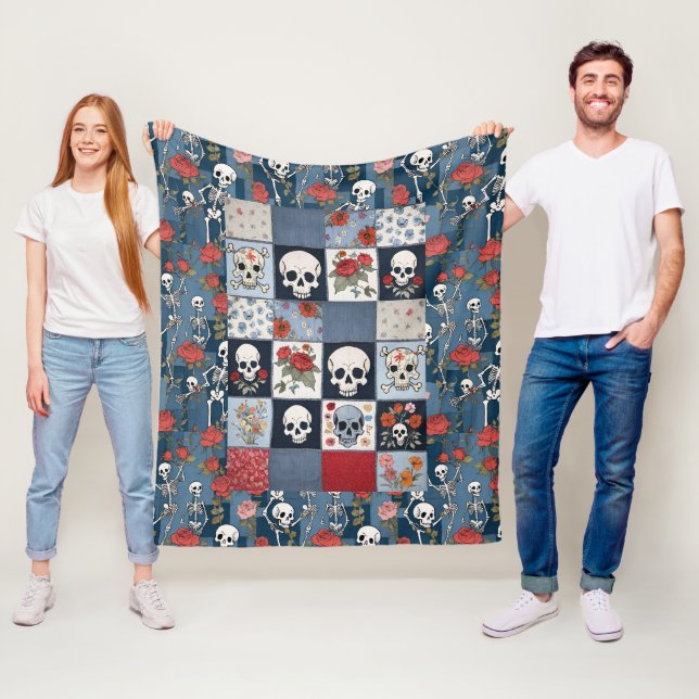 Retro Denim Patchwork with Roses Skulls Skeletons Fleece Blanket (In Situ)