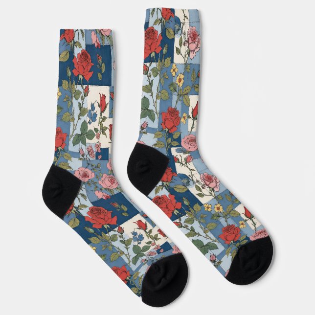 Retro Denim Patchwork With Roses Socks (Right)