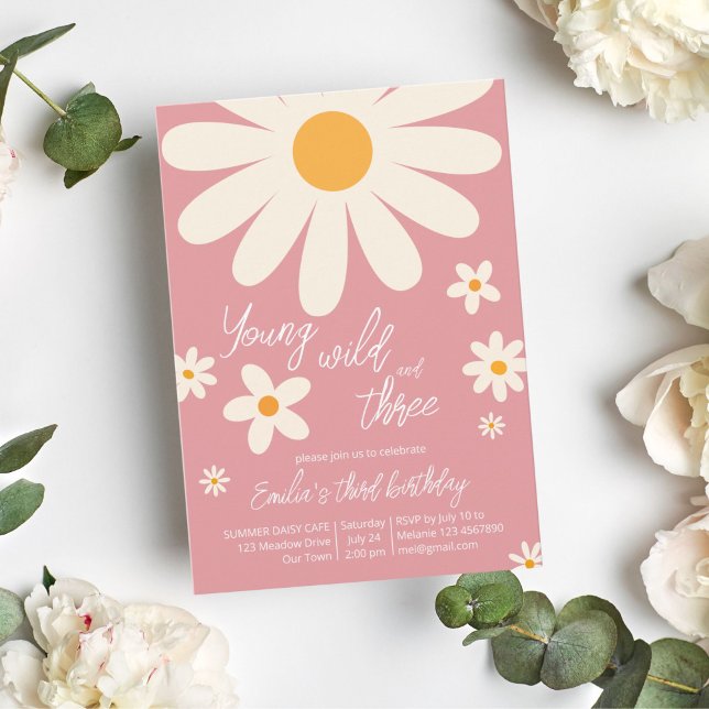 Retro desert daisy 3rd birthday party dusty pink invitation (Creator Uploaded)