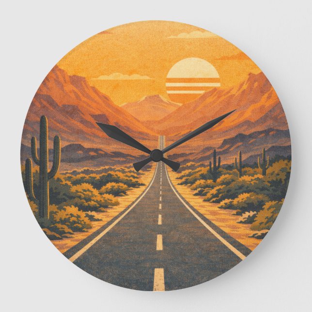 Retro Desert Highway Sunset Landscape Clock (Front)