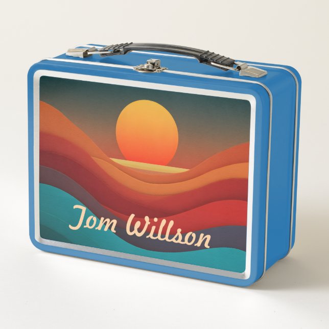 Retro Desert Horizon Sunset Custom Name Lunchbox (Front)