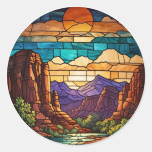 Retro desert scene Sedona mountains stainglass art Classic Round Sticker
