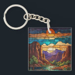 Retro desert scene Sedona mountains stainglass art Keychain<br><div class="desc">Elegant retro desert Sedona mountain range - artistic views of Cathedral Rock,  Bell Rock,  and Courthouse Butte.</div>