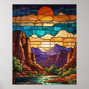Retro desert scene Sedona mountains stainglass art Poster