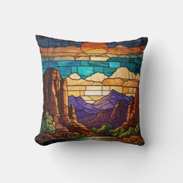 Retro desert scene Sedona mountains stainglass art Throw Pillow (Front)