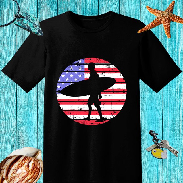 Retro design Surfer with a board and USA flag T-Shirt (Creator Uploaded)