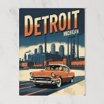 Retro Detroit Industrial City with Classic Car Postcard<br><div class="desc">A retro-themed travel poster for Detroit,  Michigan,  features an orange classic car driving on a road towards a cityscape with industrial buildings and factories under a dark blue sky with an orange gradient. "DETROIT" is prominently displayed at the top.</div>