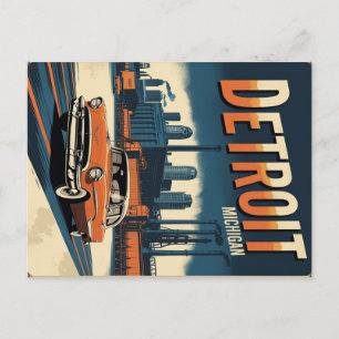 Retro Detroit Industrial City with Classic Car Postcard