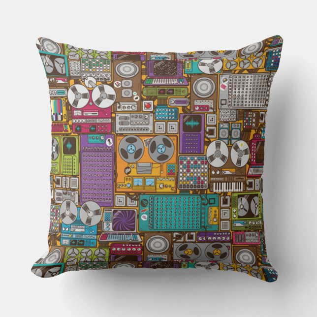 Retro Devices Recording Studio Throw Pillow (Front)