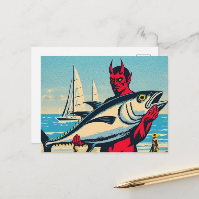 Retro Devil With A Tunafish on the Beach Postcard (Front/Back In Situ)