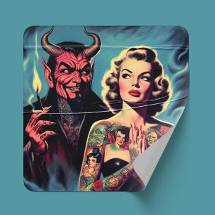 Retro Devilish Tattooed Pin-up Square Sticker