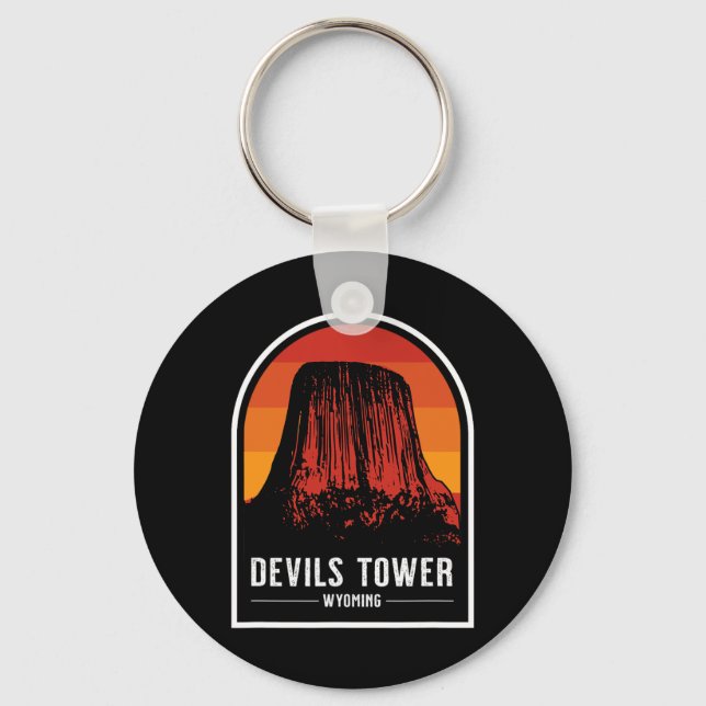 Retro Devils Tower National Monument Wyoming Hikin Keychain (Front)