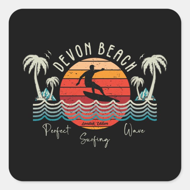 Retro Devon Beach Surfing  Square Sticker (Front)