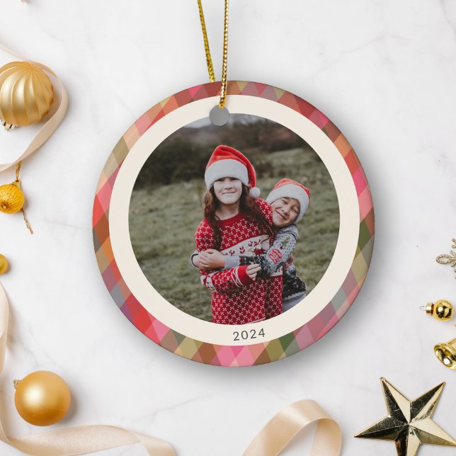 Retro Diagonal Christmas Plaid Cute Photo 2023 Ceramic Ornament (Creator Uploaded)