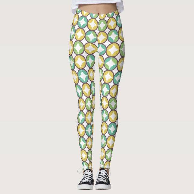 Retro Diamond in Circle Pattern Blue Green Gold Leggings (Front)
