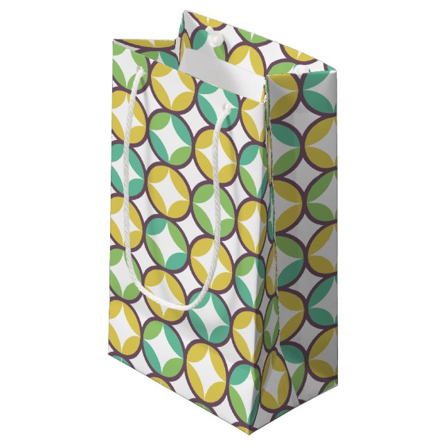 Retro Diamond in Circle Pattern Blue Green Gold Small Gift Bag (Front Angled)