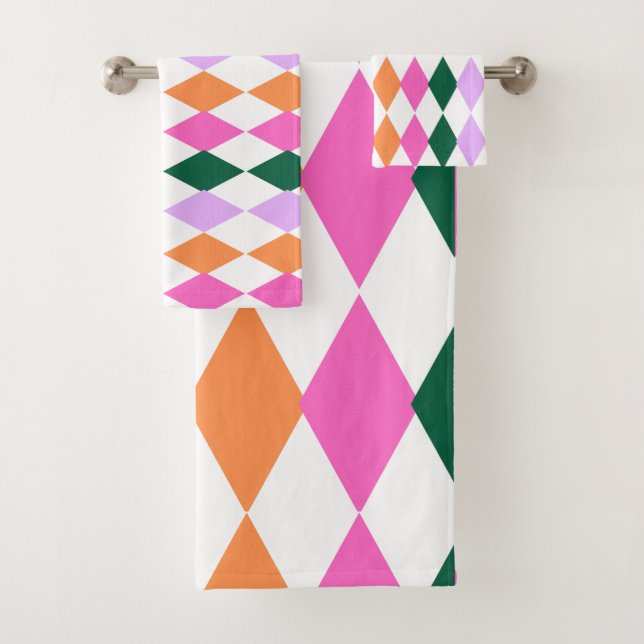 Retro Diamond Pattern Colourful Mid Century Modern Bath Towel Set (Insitu)