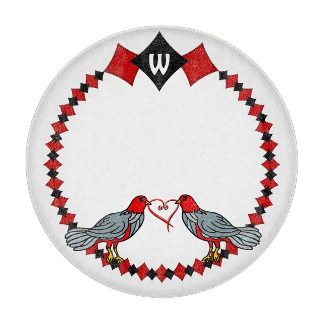 Retro Diamonds, Birds and Heart Worms_Monogrammed  Cutting Board (Front)