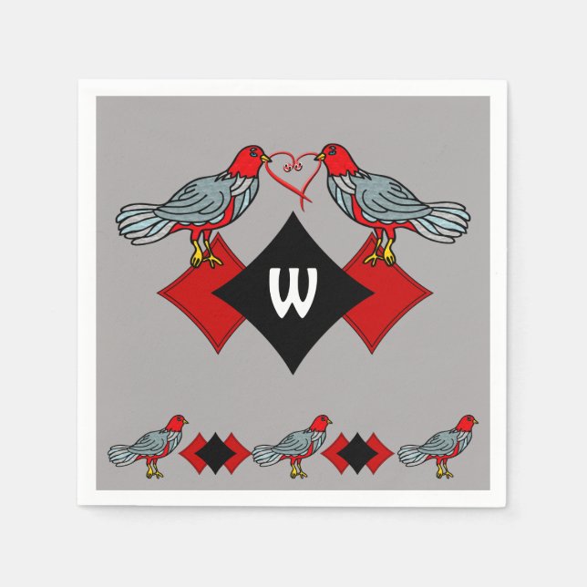 Retro Diamonds, Birds and Heart Worms_Monogrammed Napkin (Front)