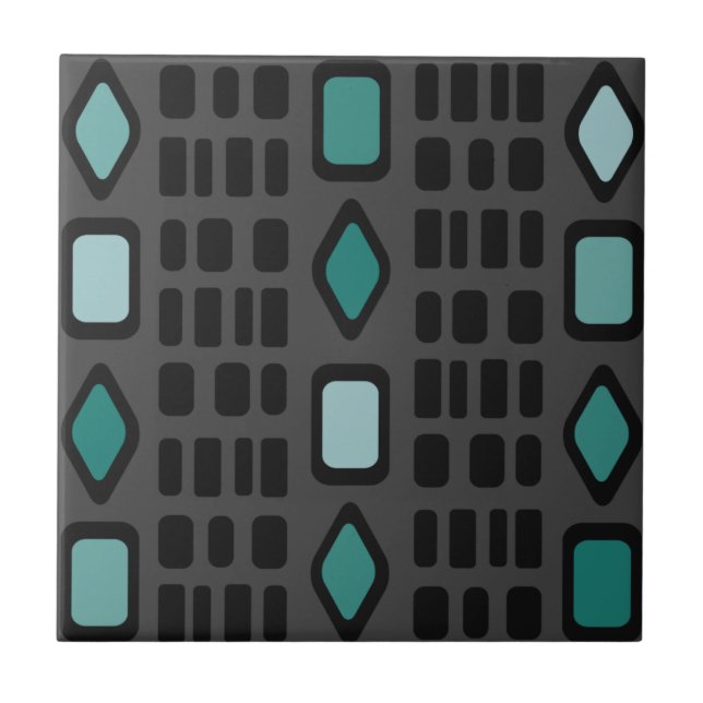 Retro Diamonds Rectangles Black Turquoise Tile (Front)