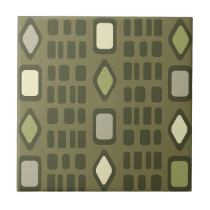 Retro Diamonds Rectangles Olive Green Tile