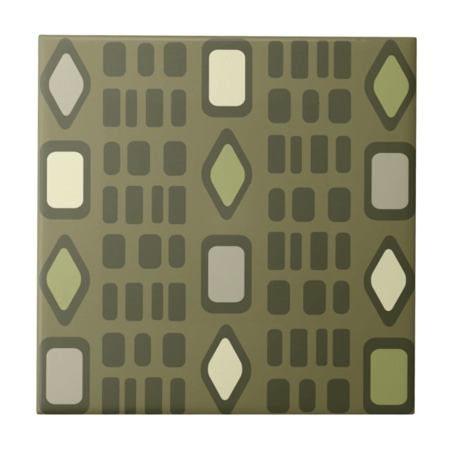 Retro Diamonds Rectangles Olive Green Tile (Front)