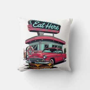 Retro Diner Eat Here Classic Car Burger T-Shirt Throw Pillow
