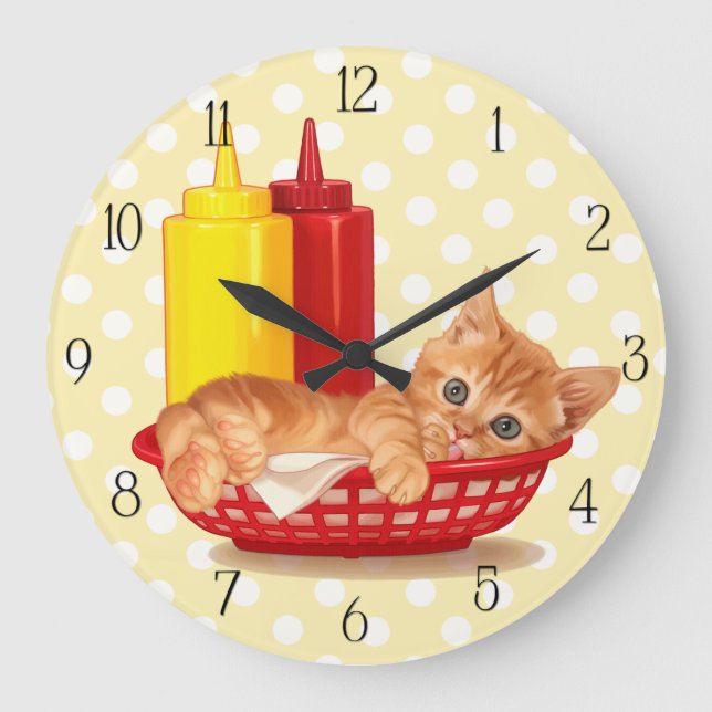 Retro diner hungry kitten large clock (Front)