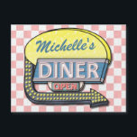 Retro Diner Sign 50s Pink Chequered Personalized<br><div class="desc">This cool, retro 50s diner sign artwork can be easily personalized with your own name. The background is a slightly-distressed pink-and-white chequered pattern, and the 1950s-style sign on top says DINER and OPEN in neon with space for your first or last name at the top. The sign also has an...</div>