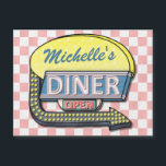 Retro Diner Sign 50s Pink Chequered Personalized<br><div class="desc">This cool, retro 50s diner sign artwork can be easily personalized with your own name. The background is a slightly-distressed pink-and-white chequered pattern, and the 1950s-style sign on top says DINER and OPEN in neon with space for your first or last name at the top. The sign also has an...</div>