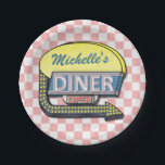 Retro Diner Sign 50s Pink Chequered Personalized Paper Plate<br><div class="desc">This cool, retro 50s diner sign artwork can be easily personalized with your own name. The background is a slightly-distressed pink-and-white chequered pattern, and the 1950s-style sign on top says DINER and OPEN in neon with space for your first or last name at the top. The sign also has an...</div>