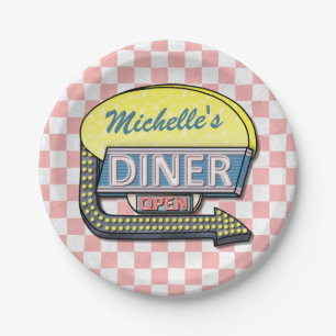 Retro Diner Sign 50s Pink Chequered Personalized Paper Plate